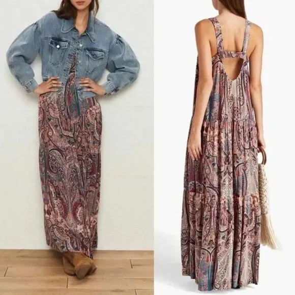 ba&sh Baraka Rose Sleeveless Paisley Printed Maxi Dress Large Boho Hippie Shift
